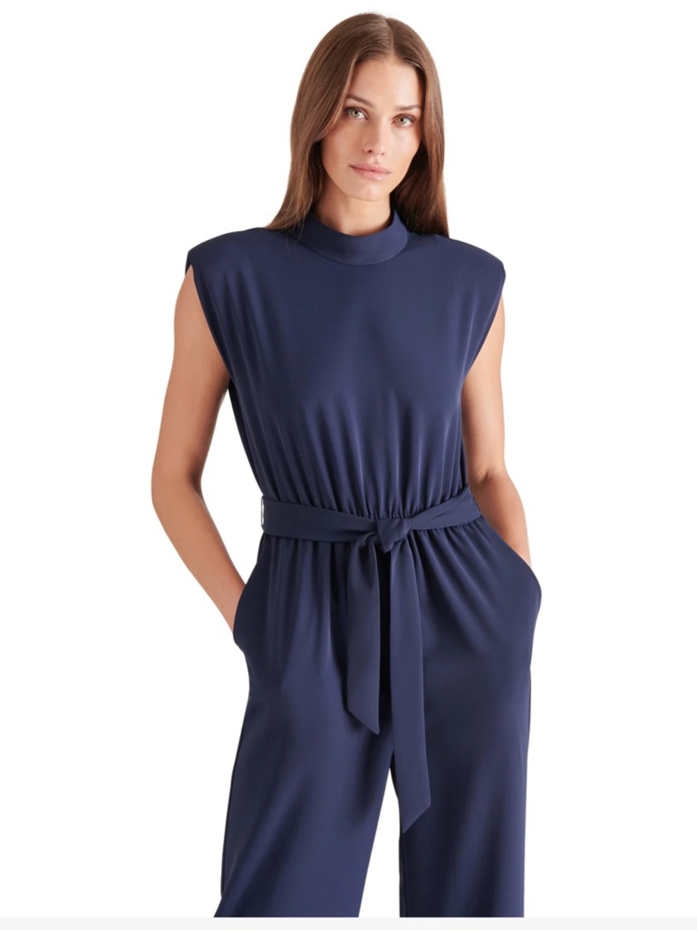 Steve Madden Navy Sleeveless Belted Wide-Leg Jumpsuit - Picture 3 of 8
